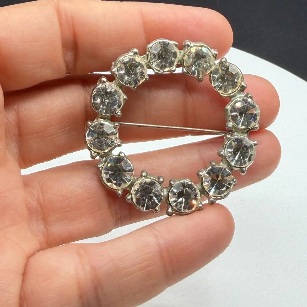 Clear Rhinestone Silver Tone Round Wreath Brooch Pin Bridal Statement Glam Gift